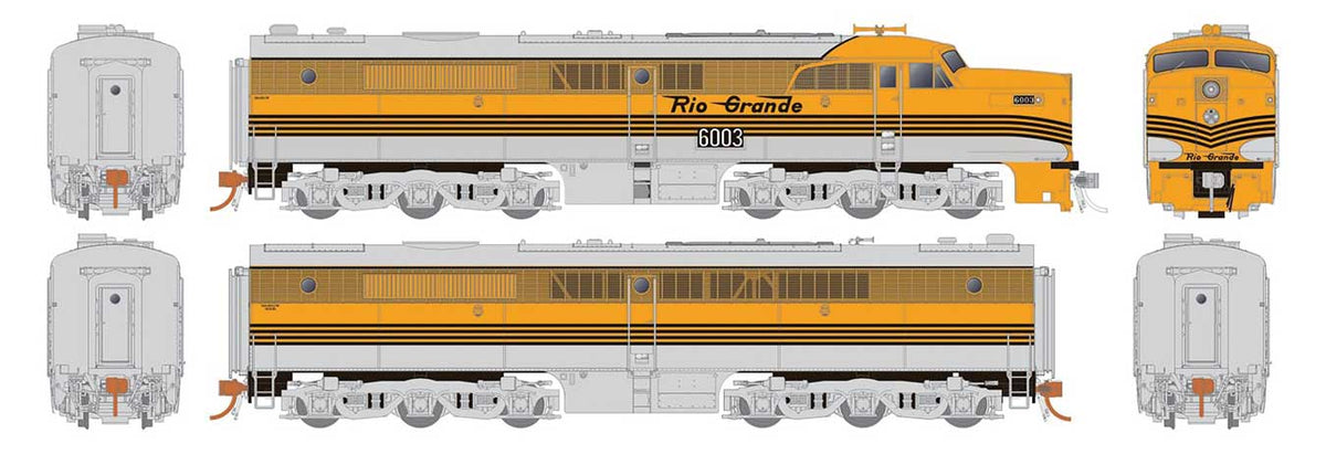 Alco PA1 - PB1 Set - ESU LokSound and DCC -- Denver & Rio Grande Western 6003, 6002 (4-Stripe, Aspen Gold, silver)