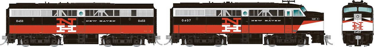 Alco FA1-FB1 Set - LokSound and DCC -- New Haven 0407, 0452 (McGinnis Scheme, black, vermillion, white)