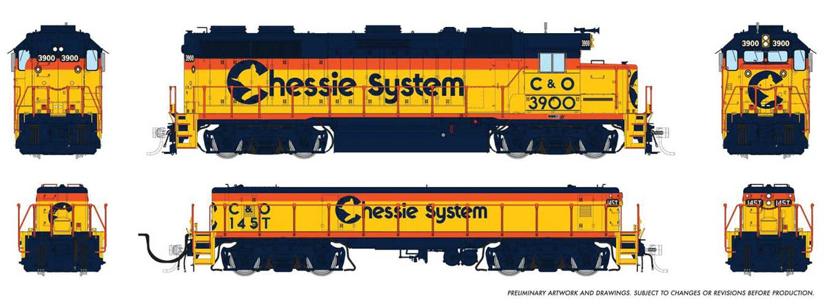 EMD GP39 & EMD/Huntington SWMT Slug Set - Sound and DCC -- Chessie System C&O #3916, 142T (yellow, vermillion, blue)