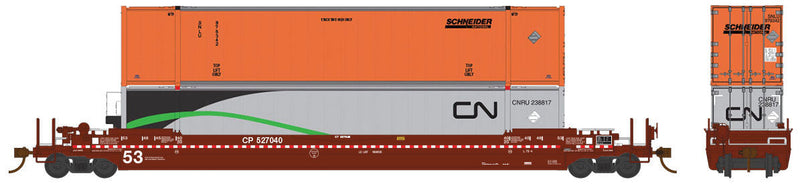 53' Husky-Stack Well Car w/2 53' Containers - Ready to Run - Prime Movers -- Canadian Pacific #527187 (Boxcar Red, red & white Stripes, Random Containers