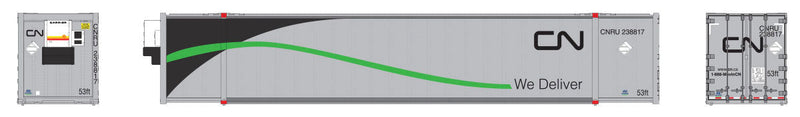 53' High-Cube Container w/Reefer Unit 2-Pack - Ready to Run - Prime Movers -- Canadian National CNRU #238817 (gray, green, black, Noodle Logo, We Deliver)