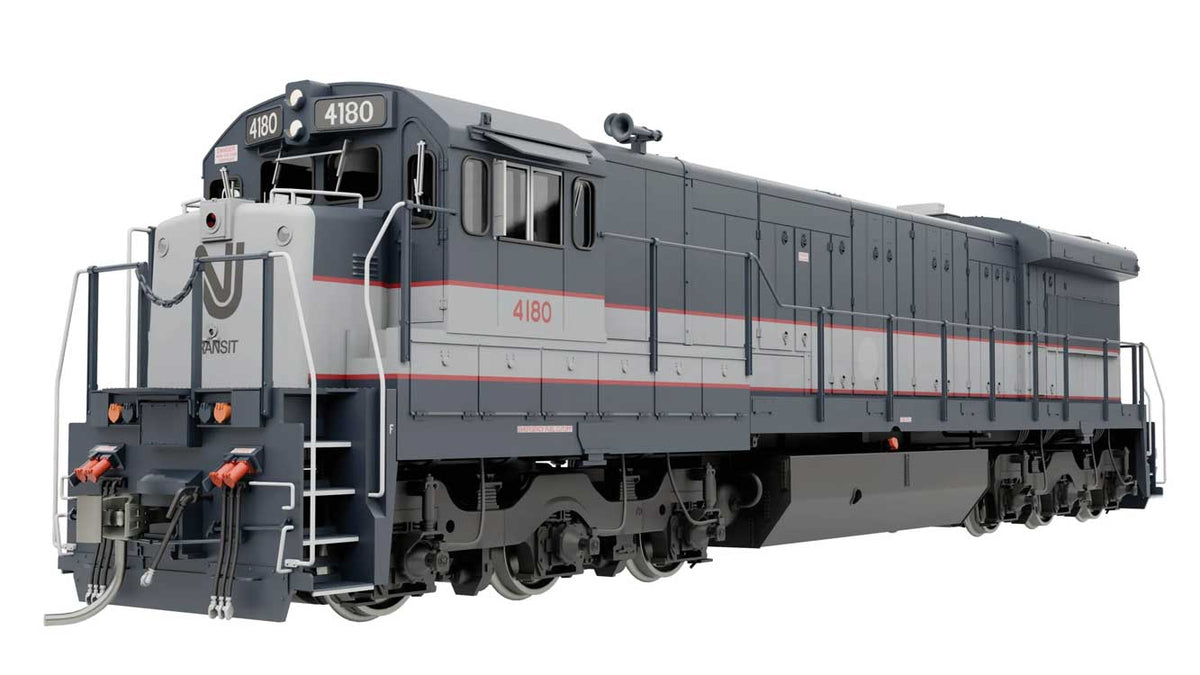 GE U34CH - Standard DC -- NJ Transit #4180 (Bluebird, blue, silver, red, Nose Logo)-1