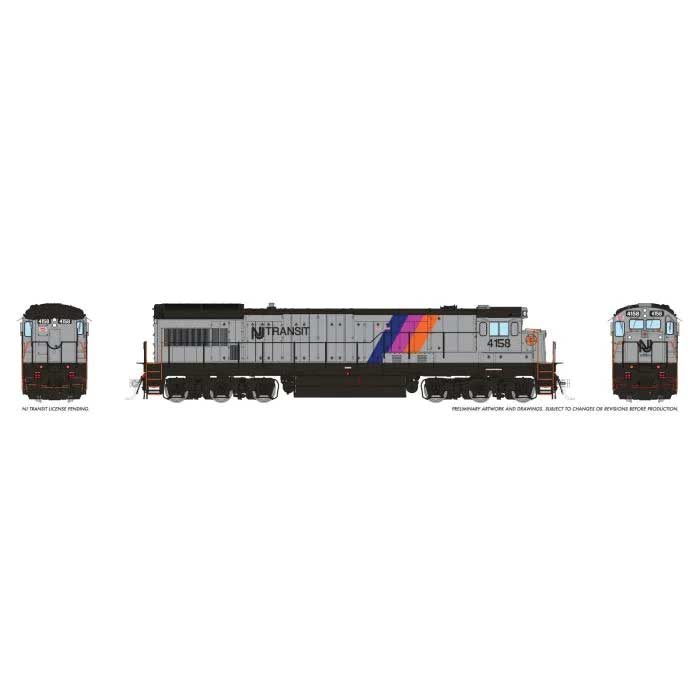 GE U34CH - Standard DC -- NJ Transit #4158 (Disco Stripe, silver, black, blue, purple, orange)