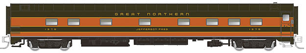 Panorama Line(TM) Pullman-Standard Plan #4186 10-5 Sleeper, Partial Skirting -- Great Northern #1384 Lewis and Clark Pass (Pullman Green, Omaha Orange)