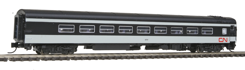 The Panorama Line(TM) Dayniter Leg-Rest Coach w/Interior Light - Ready to Run -- Canadian National #5701 (1961 Scheme, white, black, Noodle Logo)