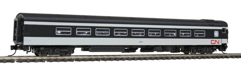 The Panorama Line(TM) Dayniter Leg-Rest Coach w/Interior Light - Ready to Run -- Canadian National #5703 (1961 Scheme, white, black, Noodle Logo)