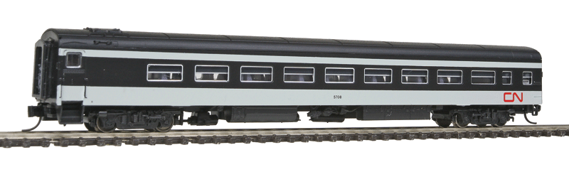 The Panorama Line(TM) Dayniter Leg-Rest Coach w/Interior Light - Ready to Run -- Canadian National #5708 (1961 Scheme, white, black, Noodle Logo)
