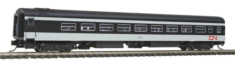 The Panorama Line(TM) Dayniter Leg-Rest Coach w/Interior Light - Ready to Run -- Canadian National #5709 (1961 Scheme, white, black, Noodle Logo)