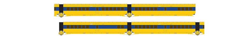 TurboTrain 4-Car Coach, Coach, Club, Cafe Add-On Set - Ready to Run -- VIA Rail Canada #IC-31, IC-30, IC-35, IC-33 (yellow, blue)