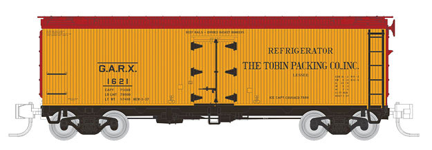 General American 37' Wood Meat Reefer 4-Pack - Ready to Run -- Tobin Packing GARX #1621, 1624, 1626, 1628 (1937 Scheme, yellow, No Logo)
