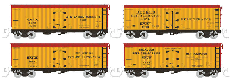 General American 37' Wood Meat Reefer Collector 4-Pack #2 - Ready to Run -- 1930s-40s Pre-War (1 Each Abraham Bros., Decker, Estherville & Nuckolls, yel