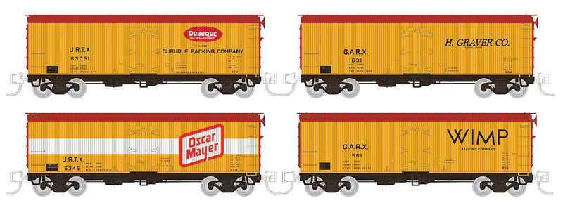 General American 37' Wood Meat Reefer Collector 4-Pack #3 - Ready to Run -- 1940s-60s Post-War (1 Each Dubuque, H Graver, Oscar Mayer, Wimp, yellow)