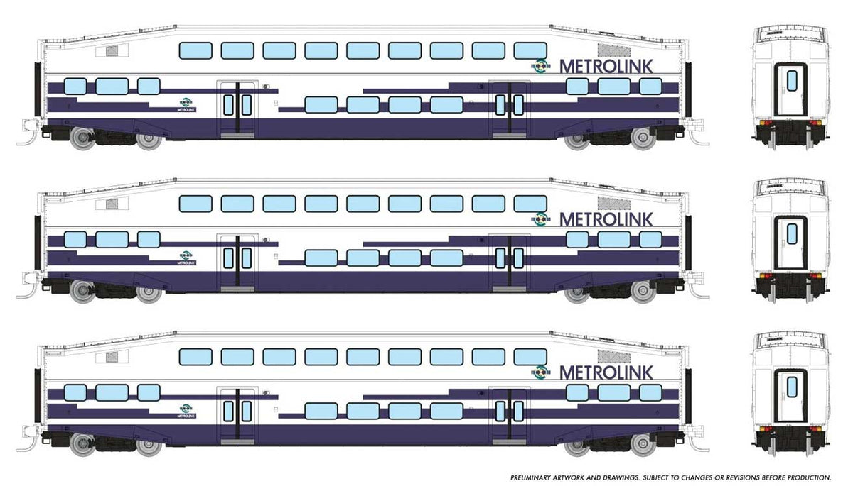 Bilevel Commuter Coach 3-Pack - Ready to Run -- Metrolink #183, 195, 208 (As Delivered, white, blue)