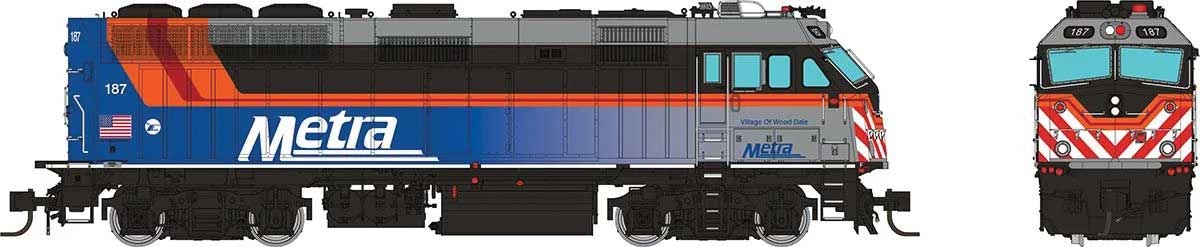 EMD F40PHM-2 - ESU LokSound V5 Sound and DCC -- Metra #187 Village of Wood Dale (Fade, blue, gray, black, orange)