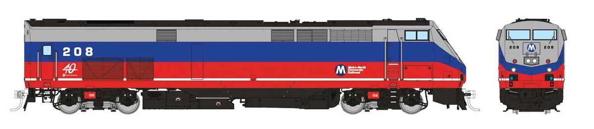 GE P32AC-DM - Standard DC -- Metro-North #208 (Original Scheme, red, silver, blue)