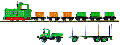 "Schwarz" Diesel Industrial Set - Unpowered -- Truck Train w/Diesel Locomotive,3 Cement & 3 Box Truck & Unimog U1300