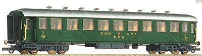 Historic Train 1930 Cars Swiss Federal Railways (SBB) Era V -- 2nd Class Coach (green, yellow w/silver roof) Matches #63010