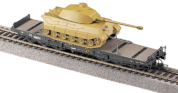 Minitanks - Military - Former German Army WWII - Railroad Equipment -- 6-Axle Heavy Flatcar (Samms) & Tiger II w/Porsche Turret