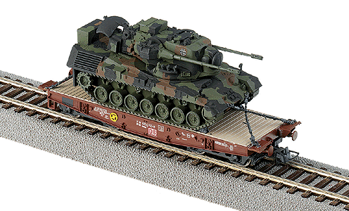 MiniTanks - Modern German Federal Army (BW) - Railroad Equipment -- Flatcar w/"Gepard" 1A2 Self-Propelled Anti-Aircraft Unit (Camouflage)
