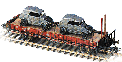 Mini-Tanks Military Former German Army WWII Railroad Equipment -- German State Railways (DRG) Flatcar w/2 VW Kubelwagens (gray)