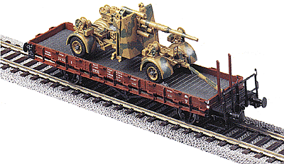 Mini-Tanks Military - Former German Army WWII - Railroad Equipment -- Flatcar w/88mm Flak 36/37 Anti-Aircraft/Tank Gun (camouflaged) in Display Box