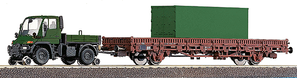 Minitanks - Military - Modern German Army (BW) - Railroad Equipment -- Unimog 400 Hi-Rail w/Flatcar & Container (KFOR/Medical Corps) Limited-Run
