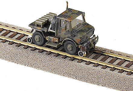 Minitanks - Military - German Federal Army (BW) - Railroad Equipment -- Unimog Hy-Rail Flatbed Truck (Nonpowered, 3-Color Camouflage) Limited-Run