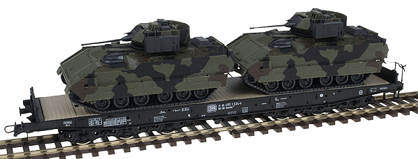 Mini-Tanks Military - Modern US Army - Railroad Equipment -- DB Samms 710 Heavy Flatcar w/Two Bradley M2A2/M3A2 AFVs (Camouflage)