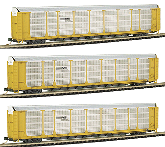 Bi-Level Auto Racks Assembled 3-Pack w/Micro Trains Trucks & Couplers -- Norfolk Southern/NS Flat (1 Pair Open A End Doors)