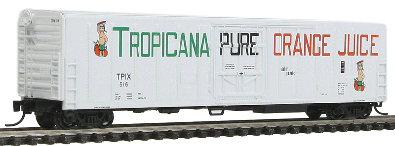 57' Mechanical Reefer - Ready to Run -- Tropicana Orange Juice (1972 Scheme, white, Billboard Lettering, 2 Figure Lo