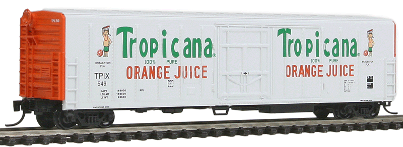 57' Mechanical Reefer - Ready to Run -- Tropicana Orange Juice (1983, white, orange Ends, 2 Figures, Curved Letterin