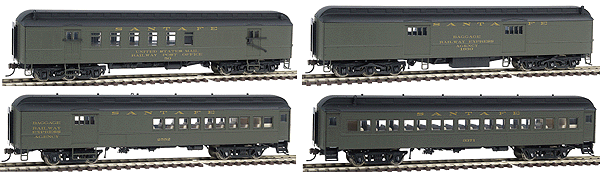 60' Heavyweight Car Set - 1 Each Baggage, Railway Post Office, Combine & Coa -- Santa Fe (Coach Green w/gold lettering)