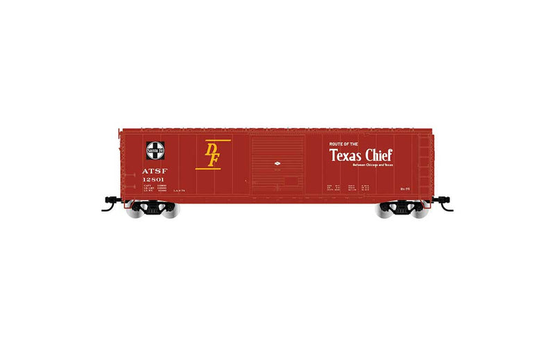 50' Single-Door Boxcar No Roofwalk - Ready to Run -- Santa Fe #12801 (Boxcar Red, Texas Chief Slogan)