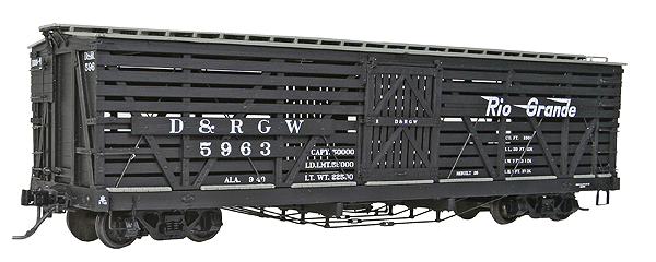 D&RGW 43' Wood Stock Car - Ready to Run -- Denver & Rio Grande Western #5963 (black, Flying Lettering)