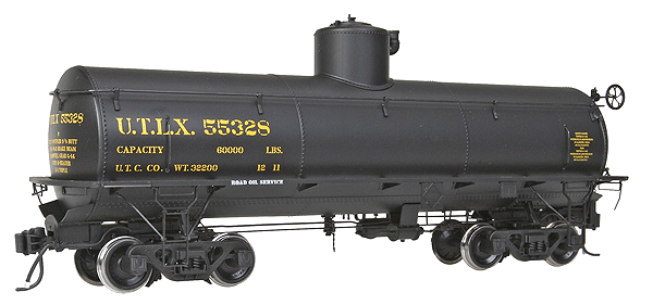 Frameless Tank Car w/On3 & On30 Wheelsets - Ready to Run -- UTLX #55328 (black, Road Oil Service Markings)