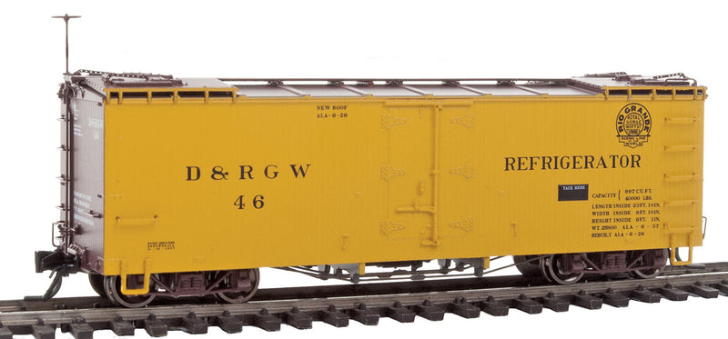 1926-Rebuilt 30' Wood Refrigerator Car - Ready to Run -- Denver & Rio Grande Western #46 (yellow, Boxcar Red; Moffat Tunnel Logo)