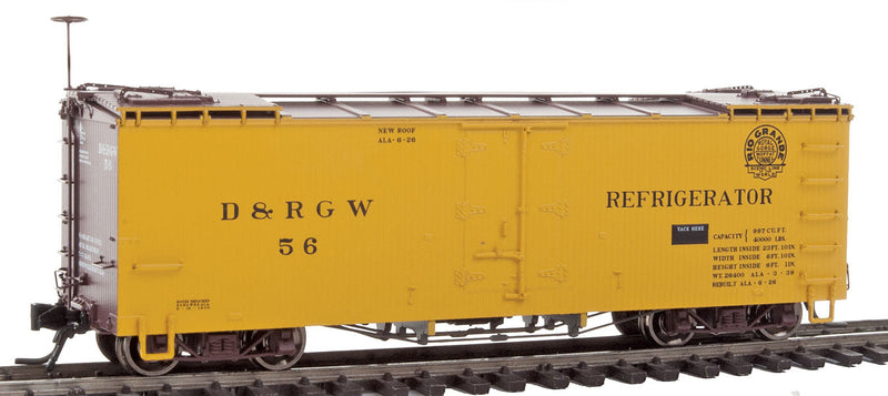 1926-Rebuilt 30' Wood Refrigerator Car - Ready to Run -- Denver & Rio Grande Western #56 (yellow, Boxcar Red; Moffat Tunnel Logo)