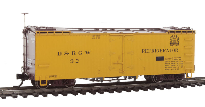 1926-Rebuilt 30' Wood Refrigerator Car - Ready to Run -- Denver & Rio Grande Western #42 (yellow, Boxcar Red; Royal Gorge Logo)