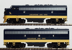 Diesel EMD F7 Phase I-Late A (Powered) & B (Dummy) Set -- Chesapeake & Ohio (Futura Demi-Bold Lettering - 1956 Scheme)