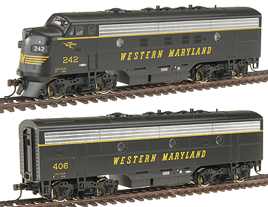 Traditional Line Diesel EMD F7A/F7B, Phase II, Powered/Dummy, DCC Ready -- Western Maryland #242/406 (Speed Lettering)