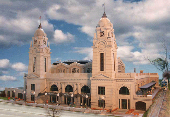 Worcester Union Station (Laser-Cut Wood, Triangular Footprint) -- Kit - (Length- Side A, B, C; Diameter; Height) 18 x 16 x 20 x 5 x 12"