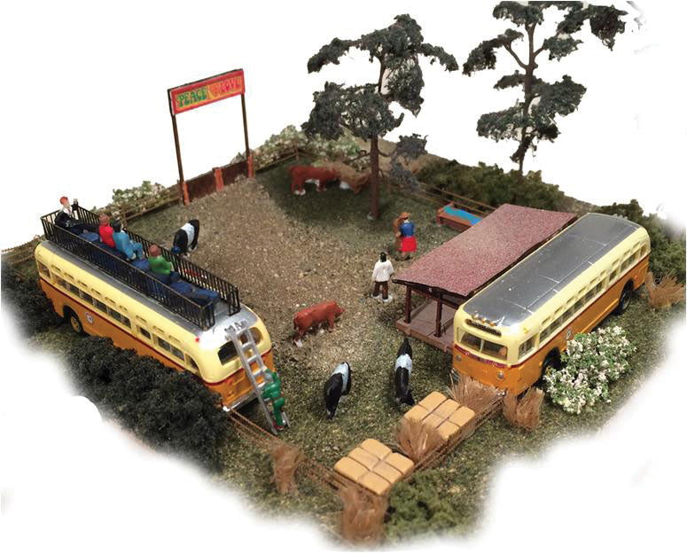 Bus Camp with 2 Repuprosed Transit Buses, Rooftop Railings, Funiture & Fence -- Kit - 4-1/2 x 4-1/4" 11.4 x 10.8cm-2