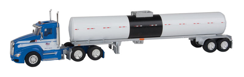 Kenworth T660 Day-Cab Tractor w/Hot Oil Tank Trailer - Assembled -- Renn (blue/white cab w/white/black tank)