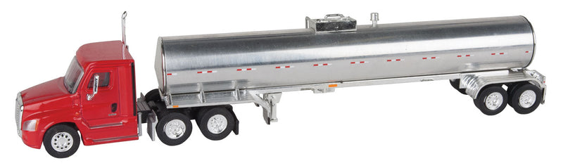 Cascadia Day-Cab Tractor w/Food-Grade Tank Trailer - Assembled -- Red, Polished Tank w/Chrome Fenders