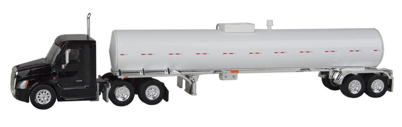 Cascadia Day-Cab Tractor w/Food-Grade Tank Trailer - Assembled -- Black, White Tank w/Chrome Fenders