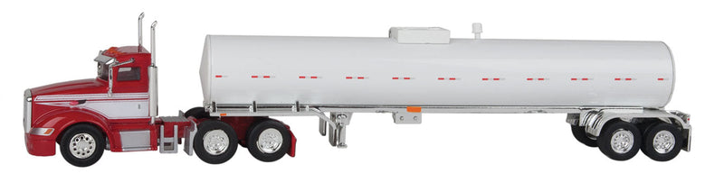 Peterbilt 386 Day-Cab Tractor w/Food-Grade Tank Trailer - Assembled -- Red, White; White Tank w/Chrome Fenders