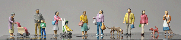 People in a Residential Area -- 10 People, 2 Dogs, Grocery Cart