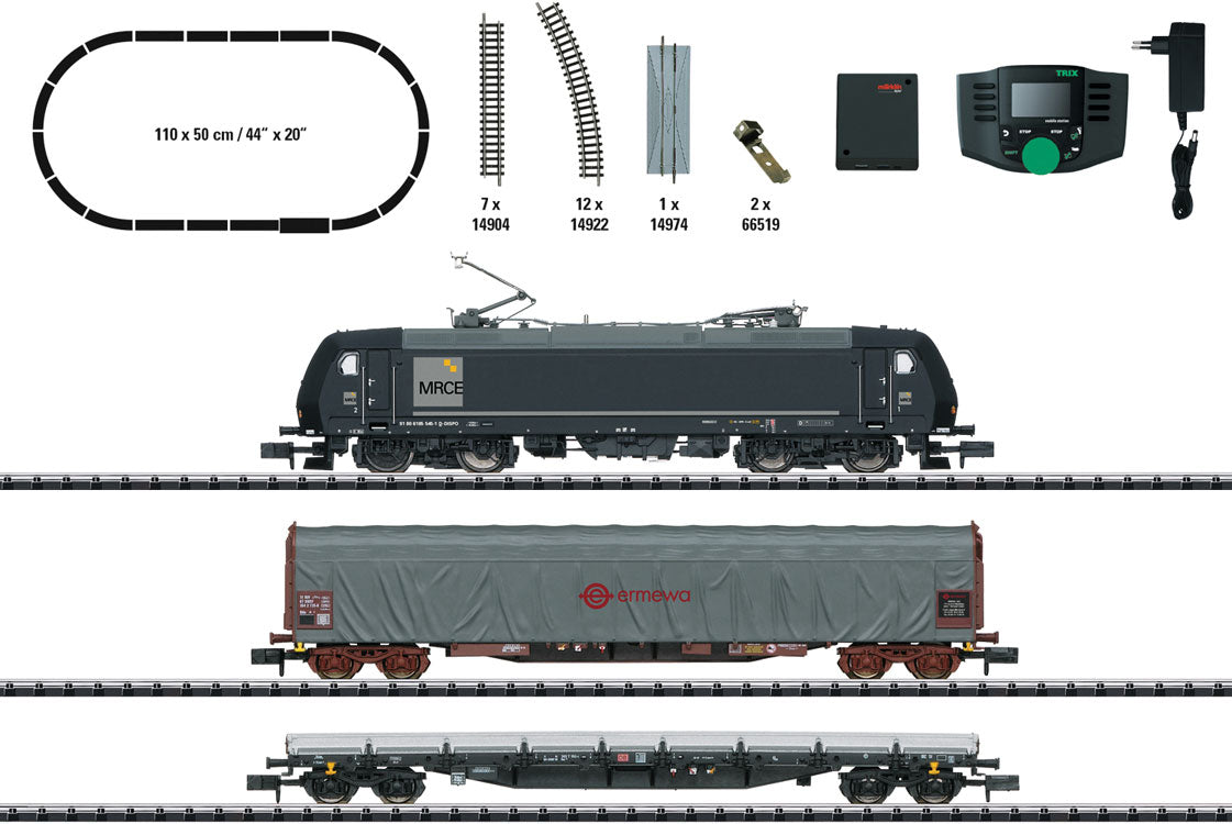 Freight Train Starter Set with Mobile Station - Sound and DCC - Minitrix -- Mitsui Rail Capital Europe MRCE 185.1, 2 Cars, C-Track Oval, Mobile Station-1