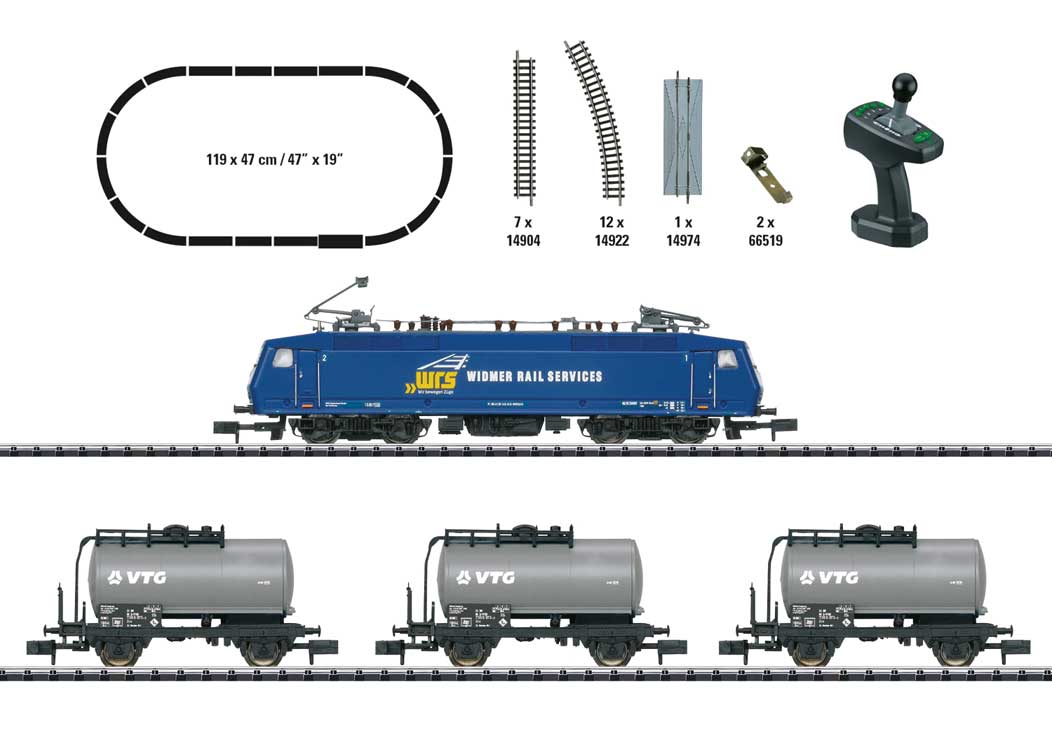 Class 120 Freight Train Starter Set - DCC - Minitrix -- Widmer Railservices WRS Loco, 3 VTG Tank Cars, Track Oval, Wireless Controll-2