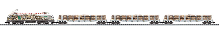Electric Freight Wood Transport Train -- Salzburg Railroad Transport Logistics - Class 1116 Loco, 3 Stake Cars w/Logs